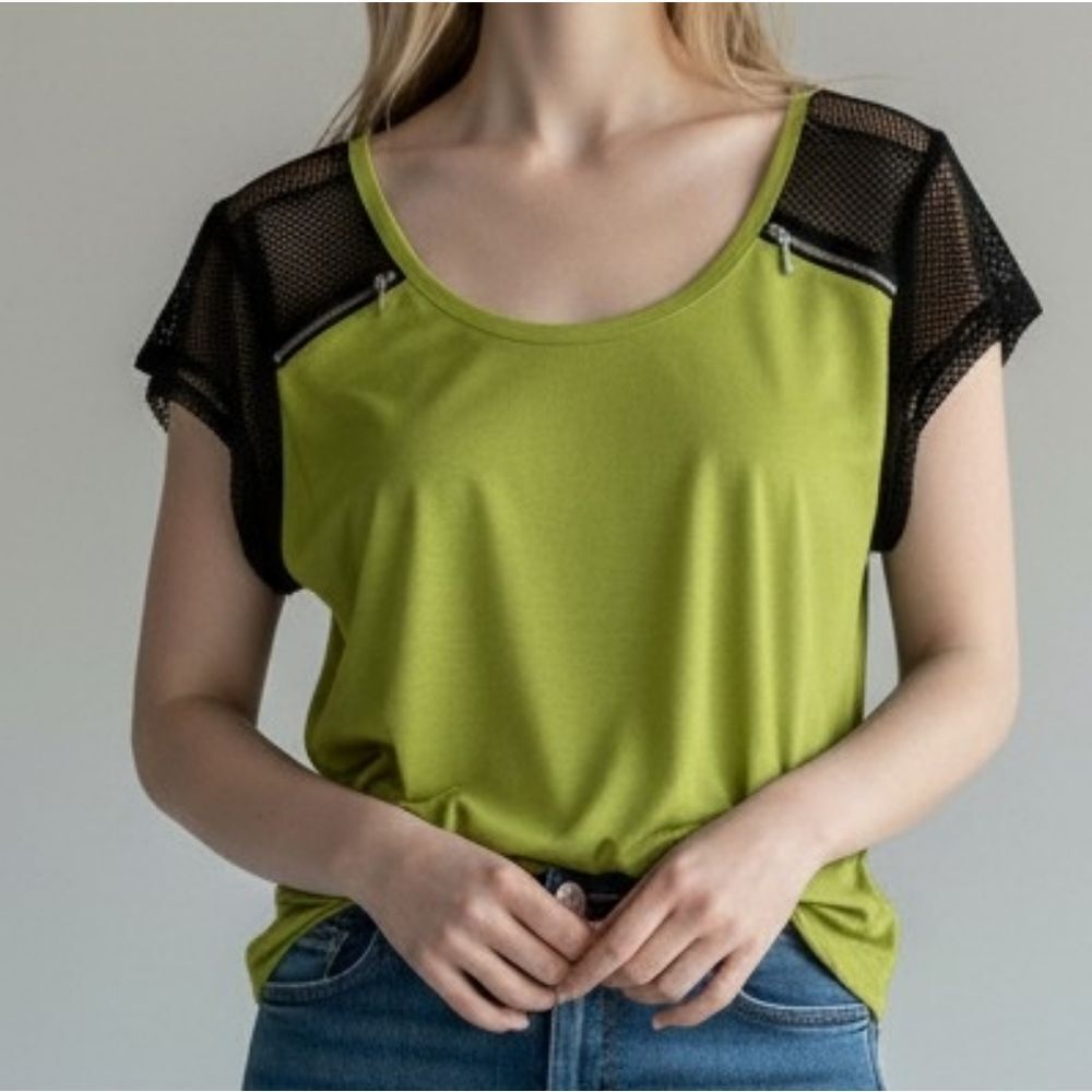 Light Green Mesh-Sleeve Womens Top